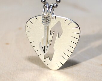 Sterling silver guitar pick necklace with handsawed arrow charm pendant - solid 925 NL217