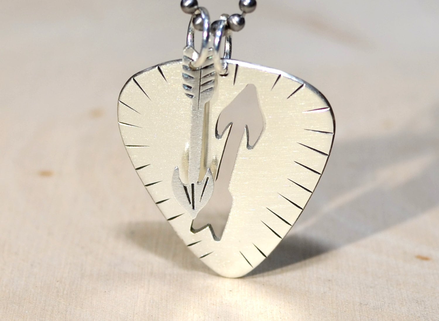Sterling Silver Guitar Pick Necklace With Handsawed Arrow Charm
