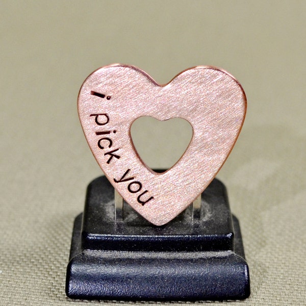 Double heart mini guitar pick in copper with I Pick You - GP704