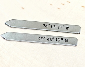 silver collar stays with your custom gps coordinates - latitude longitude gift for him - formal mens wear