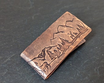 Copper money clip with mountains