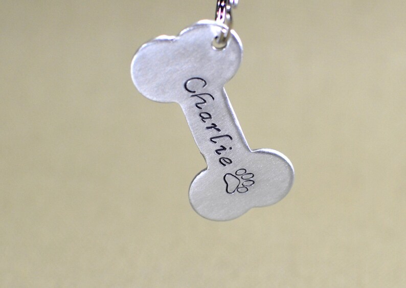 May include: Silver bone-shaped dog tag with the name "Charlie" engraved on it. A paw print is engraved below the name.