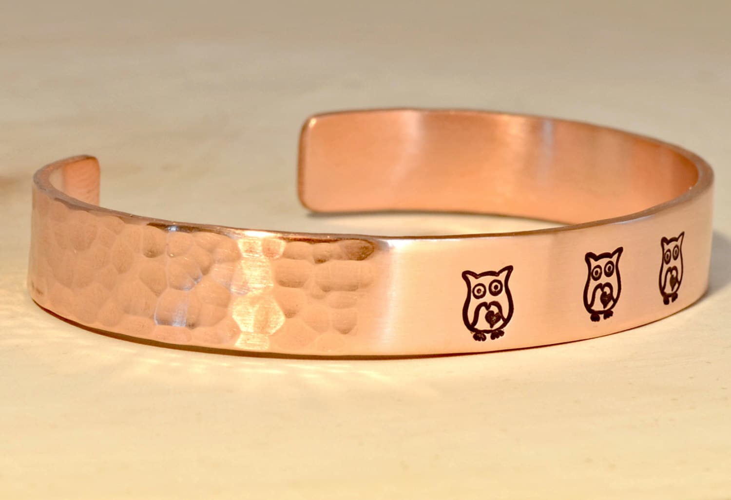 copper cuff bracelet with hammered texture and owls - custom stamping on the inside - copper gift fo
