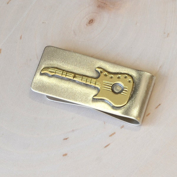 Sterling Silver Money Clip Rocking out a Brass Guitar
