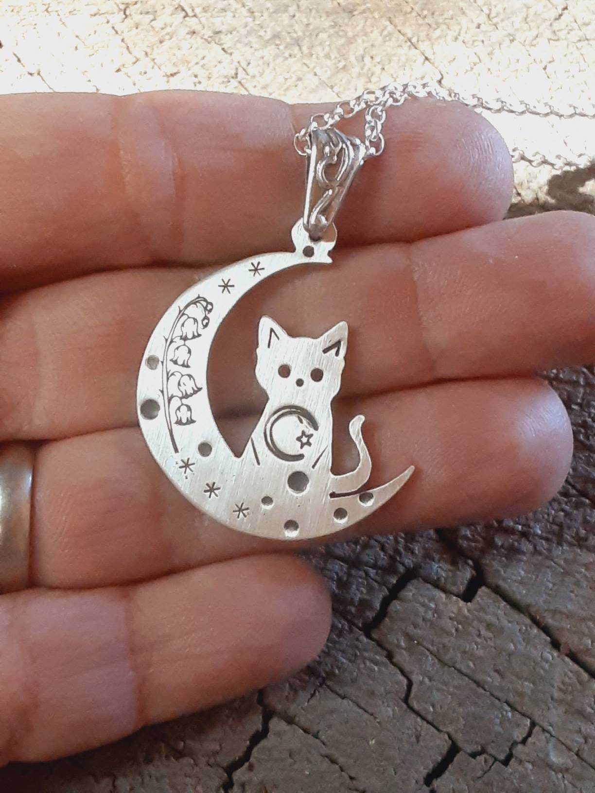 Gato plata de en collar de luna gato de - Etsy México