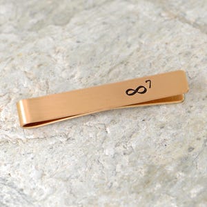 Copper tie clip with an infinity sign and the number 7 for 7th year anniversary - copper anniversary gift - handmade - customizable
