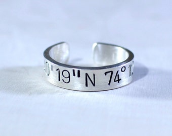 Latitude longitude coordinates adjustable sterling silver ring for you to personalize - Solid 925 RG905