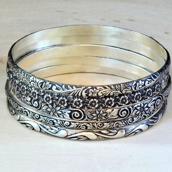 Sterling Silver Stackable Bangle Set Featuring Floral Patterns and Antiqued Patina -  Solid 925 BNGL004