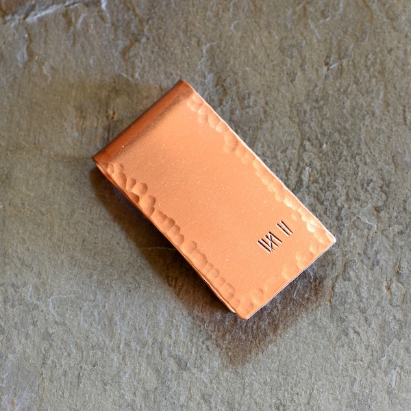 Handmade Copper Money Clip – 7th Anniversary Gift, Hammered Tally Marks
