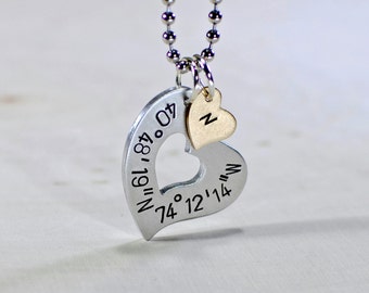 silver aluminum heart charm necklace with coordinates and small initials heart - Valentines Day gift