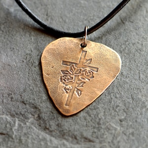 bronze guitar pick necklace with cross and roses - playable bronze guitar pick