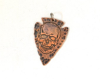 Bad ass skull on Copper Arrowhead Necklace with Rustic Hammered Patterning