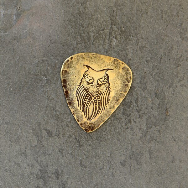 brass guitar pick - playable with horned owl - NicisPicks