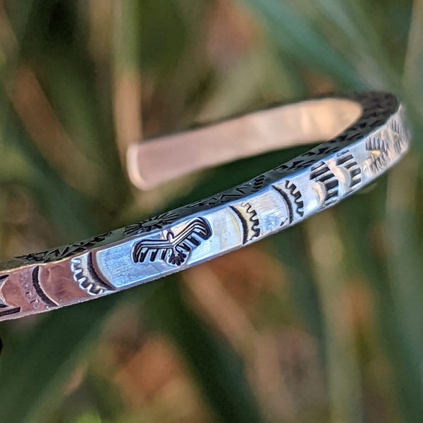 Solid sterling silver square wire cuff bracelet with hand stamped pattern on 3 sides - Thunderbird stamp - southwestern design