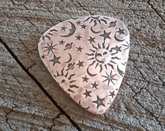 Sun and Moon Hammered Copper Guitar Pick for Celestial Tunes