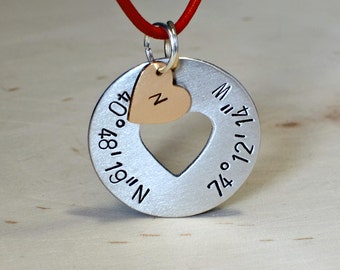 Sterling silver latitude longitude necklace with bronze heart charm - silver anniversary - 25th anniversary or Valentines Day gift
