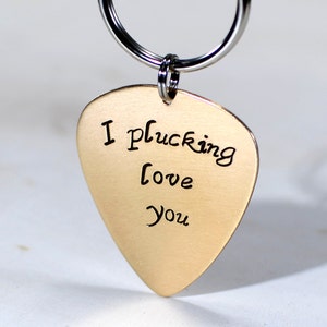 Bronze guitar pick keychain with I plucking love you KC458 image 1