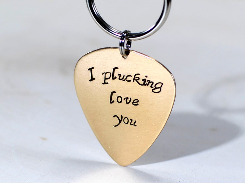 Bronze guitar pick keychain with I plucking love you KC458 image 1