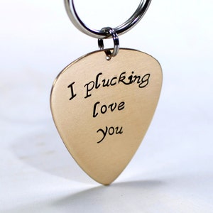 Bronze guitar pick keychain with I plucking love you KC458 image 2