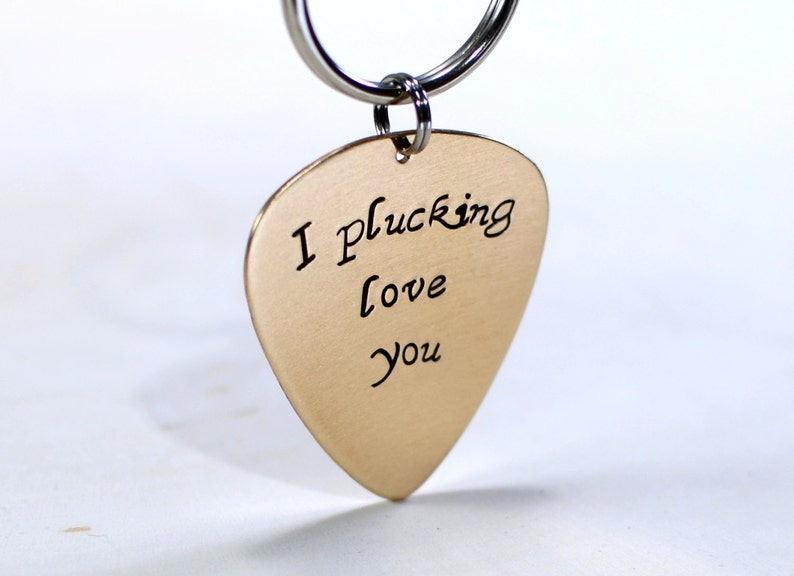 Bronze guitar pick keychain with I plucking love you KC458 image 2