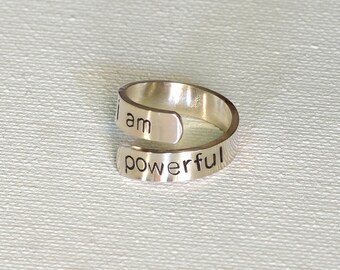 I am Powerful Inspirational Wrap Ring in 925 Sterling Silver – Empowering Bypass Ring