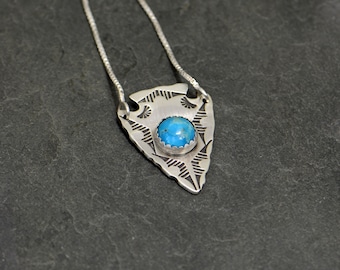 sterling and turquoise arrowhead necklace with hand stamped pattern