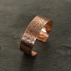 Copper flowers cuff bracelet - handmade - 3/4 inch wide - small to medium wrist