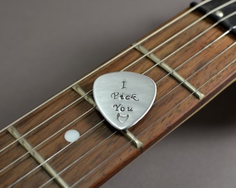 Small medium aluminum guitar pick with I pick you