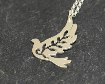 Dove of Peace Sterling Silver Necklace handcrafted in Sterling Silver - 925 Peace Dove with Olive Branch Artisan Necklace for Love and Peace