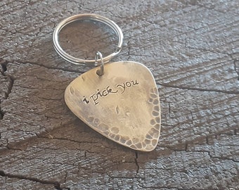 keyring - distressed and rustic - anniversary gift - wedding gift - playable brass plectrum - i pick you