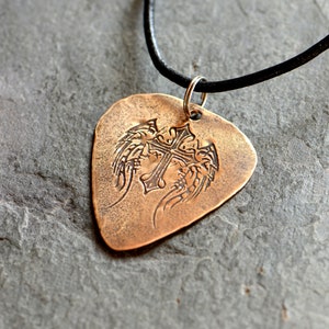 bronze guitar pick necklace with winged cross - playable bronze guitar pick - NicisPicks