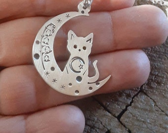 Sterling silver cat in moon charm necklace - carved silver cat - wiccan necklace - spirit cat charm
