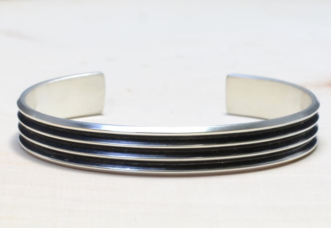 Modern Mens Silver Cuff Bracelet With Ultra Chic Grooves Solid 925
