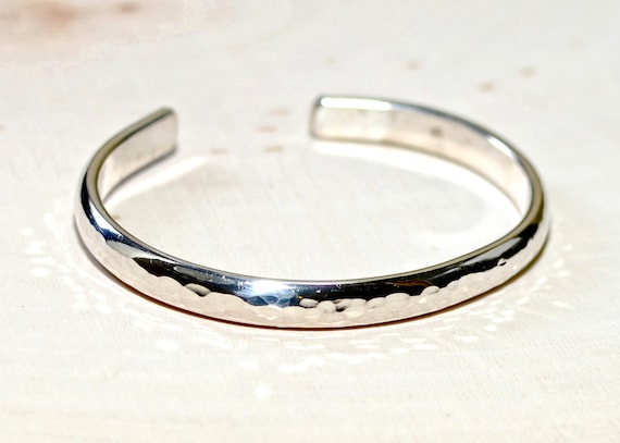 Hammered Sterling Silver Cuff Bracelet - Mirror Finish Solid 925