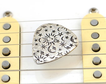 Sterling Silver Guitar Pick with Sun Stars and Moon Artisan Handmade Imprinting