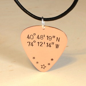 Latitude Longitude Personalized Coordinates Copper Guitar Pick Necklace GP173 image 2