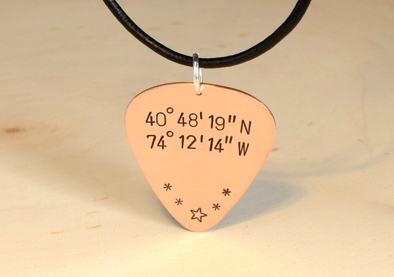 Latitude Longitude Personalized Coordinates Copper Guitar Pick Necklace GP173 image 2