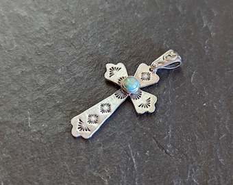 sterling silver cross pendant with genuine turquoise 5mm - solid sterling cross - hand stamped cross - southwestern - religious jewelry
