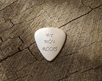 Aluminum guitar pick my mom rocks for mothers day - birthdays - gift for mom - pick is PLAYABLE