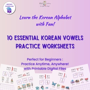 10 Essential Korean Vowels Practice Worksheets - Fun and Easy Hangul Alphabet Learning for Beginners - Printable PDF