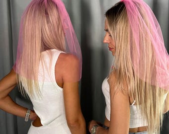 Short Pink Tulle Veil – Mini Bridal or Bridesmaid Party Accessory