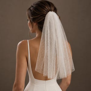 Puede incluir: Un velo de novia transparente en color blanco roto, confeccionado en tul fino con un delicado patrón de diminutos puntos de purpurina plateada. El velo se sujeta al cabello y cae por la espalda formando suaves pliegues verticales.