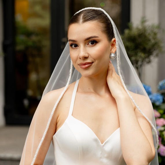 Pearl Embellished Sheer Bridal Veil - White Pearls Edge Bridal Veil, Wedding Veil With Scattered Pearls  main image 2
