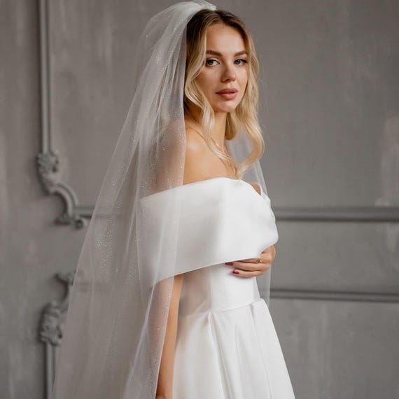 Glitter Tulle Wedding Veil: Two-layer Ivory Bridal Veil With  display picture 2