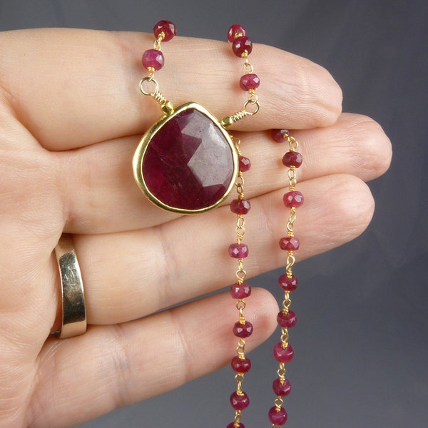 Genuine Large Ruby Necklace Bezel Set in Gold Vermeil  with Rosary Style Wire Wrapped Ruby and Gold Vermeil Chain