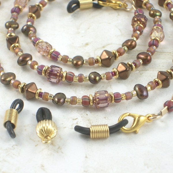 Eyeglass Chain - Desert Sunset with Coppery Browns, Golds, Terracotta, Amber, and Lavender - Extra Ends Included