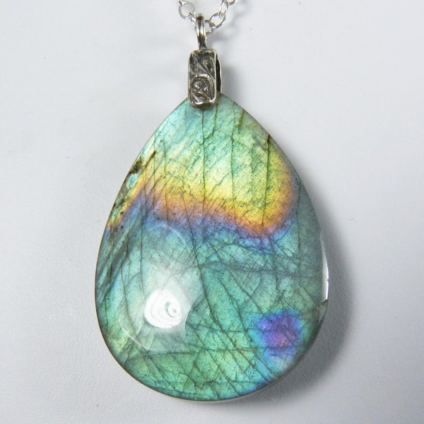 Labradorite Necklace, LARGE Multicolor Labradorite Pendant with Aqua, Mint Green, Pink, Gold, Purple, Blue, and Peach Flash, Sterling Silver