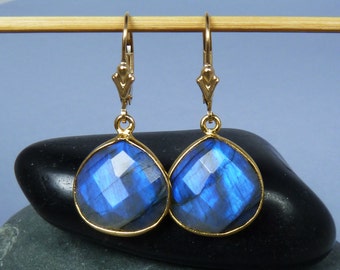 Labradorite Earrings, Large Labradorite Faceted Heart Briolettes, Glowing Cobalt Blue Flash, Gold Bezels and Leverback Ear Wires