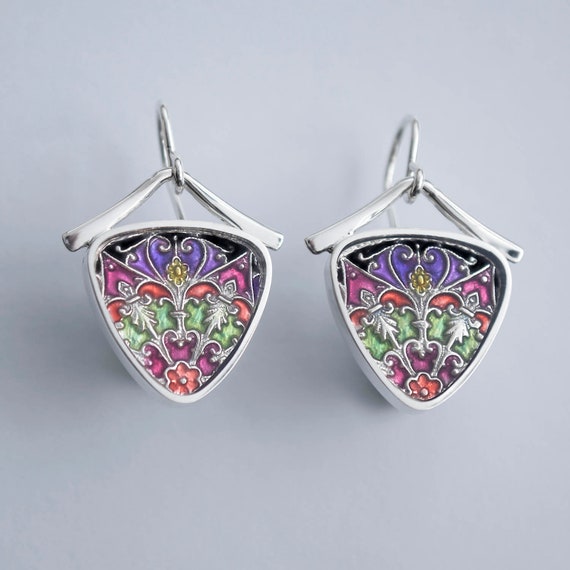 and resin enamel earrings PMC Ivy Woodrose sterling silver