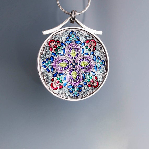 and resin enamel flower pendant PMC Ivy Woodrose sterling silver